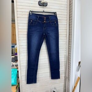 GOGO Star High-Rise Dark Blue Stretch Jeggings w/Triple-Button Waist Juniors 17